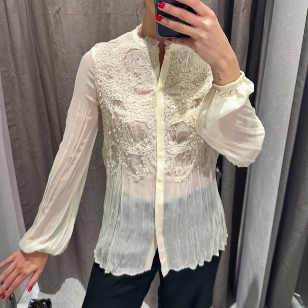 Zara NWT embroidered semi sheer button down blouse ecru 6895/055